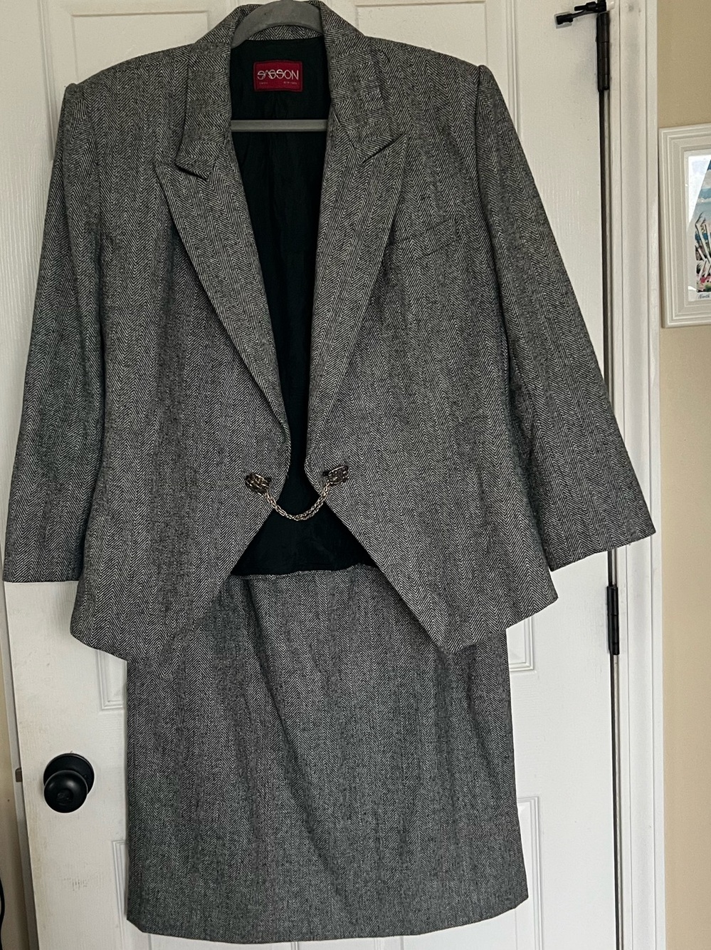 Vintage Sasson Herringbone Skirt Suit Blazer Set 80s Dark Academia 12